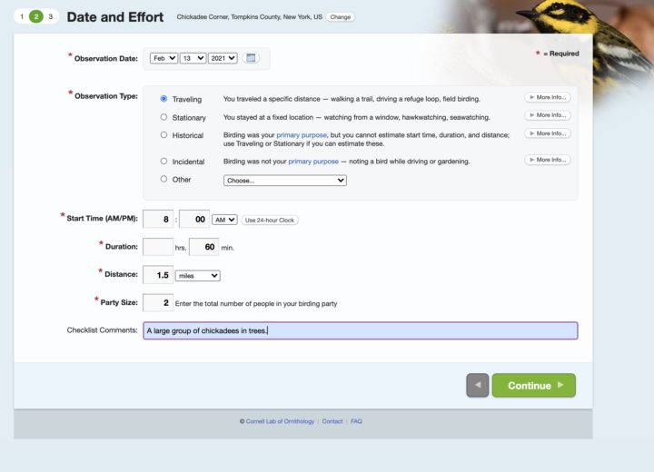 eBird interface where details on the date and observation are recorded.