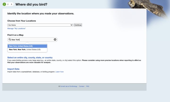 eBird interface for documenting the location a bird was seen.