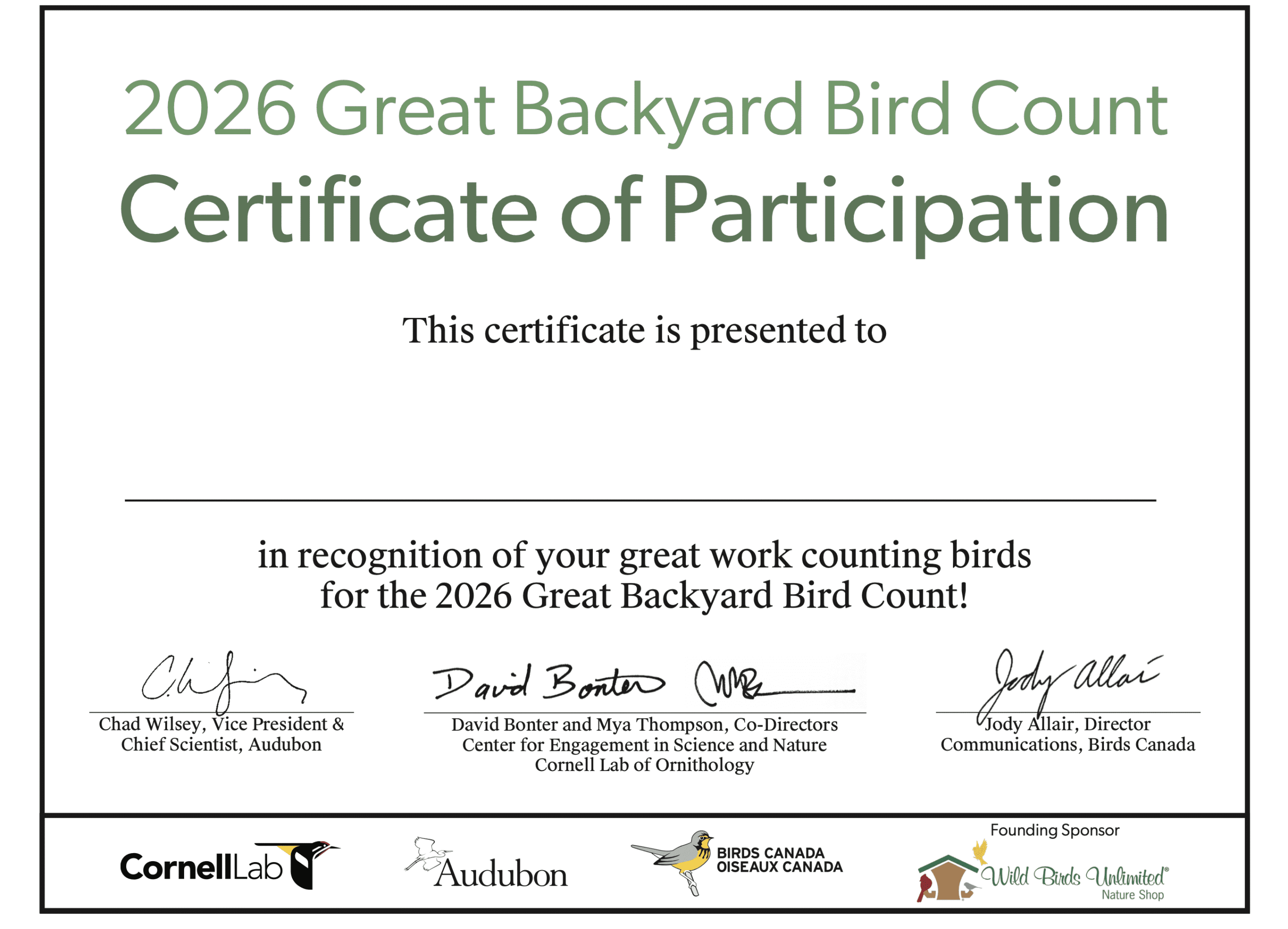 Certificate of Participation – Great Backyard Bird Count