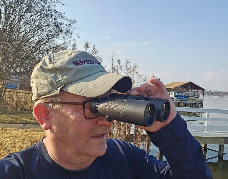 A person using binoculars to birdwatch.