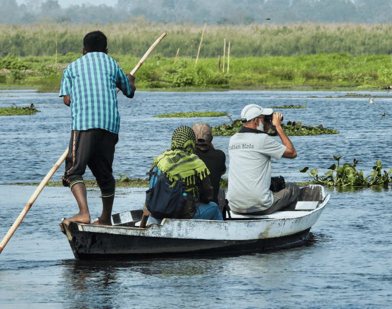 A group of people birdwatching while on a boat.