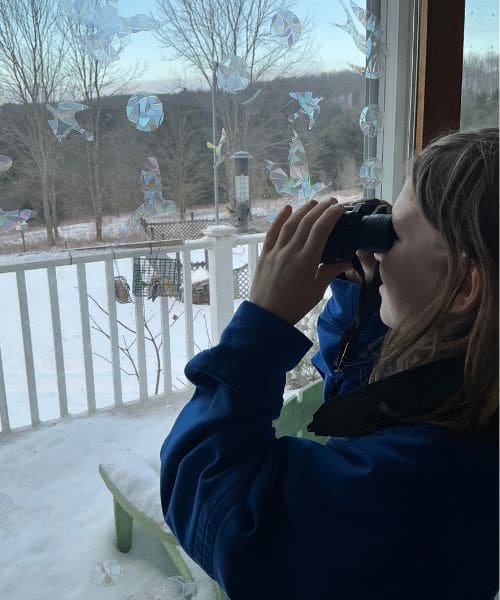 A child using binoculars to birdwatch.