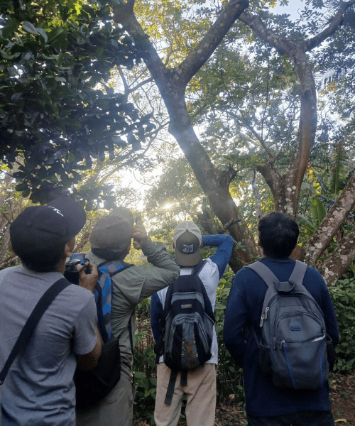 A group of people birdwatching in an outdoor area.