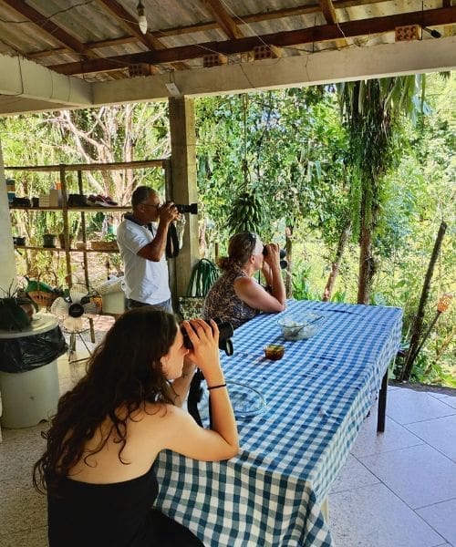 A group of three people birdwatching with binoculars.