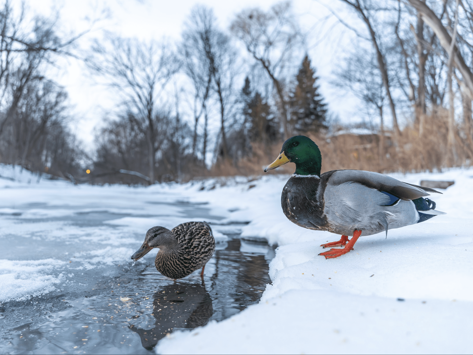 ducks in icy water